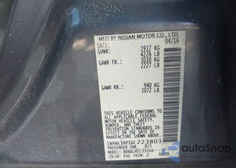 2016 Nissan Altima 2.5 Sr z USA, uszkodzony, nr VIN 1N4AL3AP1GC223803